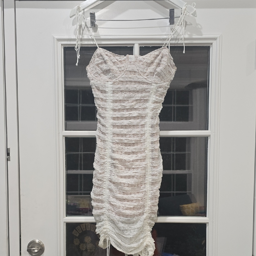 For Love And Lemons White Striped Ruched Dress